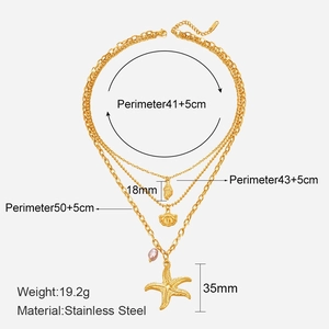 Gold stainless steel multi-layer ocean necklace with starfish shell and pearl pendants