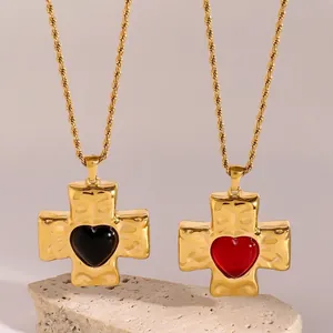 Cross Pendant Necklace Stainless Steel Hammered Texture Heart Inlay For Women Gold Plated Twisted Rope Chain Jewelry