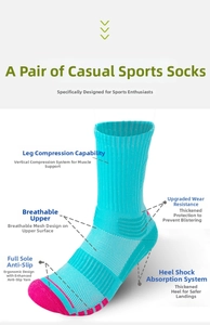 Detail of athletic sock with mesh vents, cushioning, and anti-slip grip technology