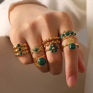 Vintage 18K Gold Plated Stainless Steel Open Ring For Women Green Natural Stone Malachite Pattern Adjustable Finger Jewelry