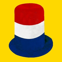 Detail view of a tall top hat with red, white, and blue stripes on yellow background