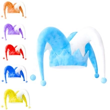 Colorful jester hats in blue, red, purple, orange, and yellow on white background.
