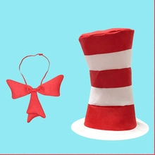 Red and white striped tall top hat with matching red bow tie costume accessory set
