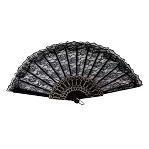 Elegant black lace folding fan with intricate floral patterns and gold hollowed frame