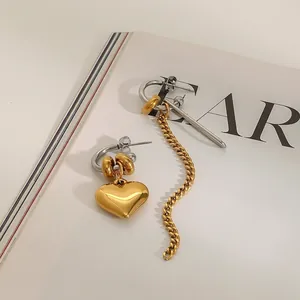 Stainless Steel Asymmetric Heart Tassel Drop Earrings For Women Gold Silver Two-Tone Hypoallergenic Geometric Jewelry