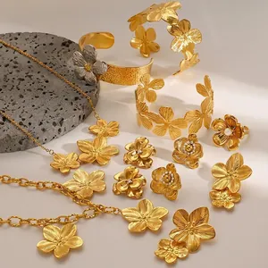 Stainless Steel Flower Jewelry Necklace Earrings Ring Bangle Bracelet Women Gold Plated Elegant Floral Artificial Pearl Zircon Waterproof