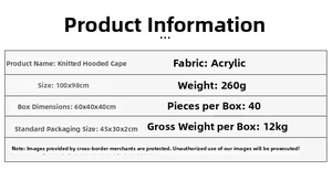Specifications of the acrylic knitted pullover poncho including size 100x98cm and 260g weight