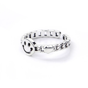 Vintage silver smiley face and heart chain ring with adjustable open band punk style