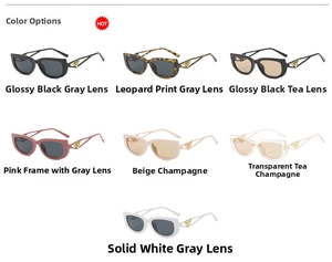 Detail view of seven colorful sunglasses with triangular metal accents on temples