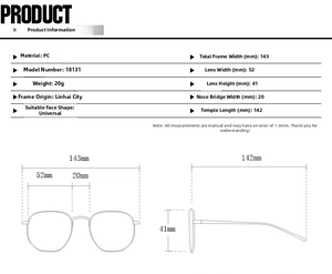 Detailed size chart for hollow triangle sunglasses with frame dimensions and PC material