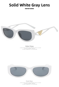 Detail of white cat-eye sunglasses with gold triangle metal logo on the hollow temples