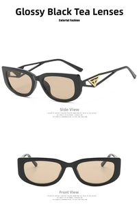 Detail of hollow temple with golden triangle accent on bright black cat-eye sunglasses