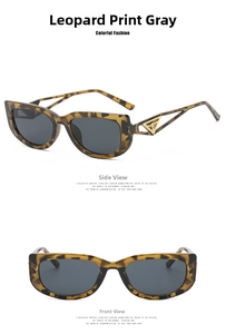 Detail view of leopard print sunglasses with golden triangle metal relief on the temple