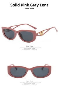 Detail view of pink cat-eye sunglasses featuring golden hollow triangle temple decor