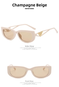 Detail view of champagne cat-eye sunglasses with gold triangle metal accent on temple