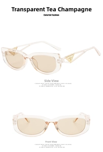 Detail view of retro champagne cat-eye sunglasses with golden triangle metal hinge