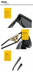 Detail view of sunglasses with reinforced hinges and iconic gold triangle logo design