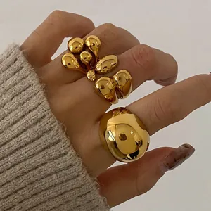 Minimalist Irregular Liquid Metal Ring Gold Plated Stainless Steel Geometric Aesthetic Adjustable Jewelry For Women
