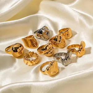 Minimalist Stainless Steel Gold Plated Rings For Women Men Geometric Heart Wave Textured Band Rings Fashion Jewelry