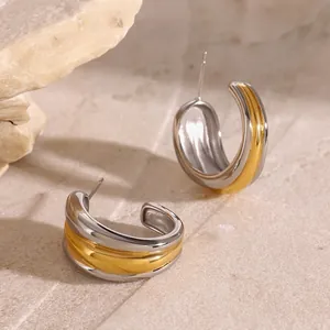 Two-Tone C-Shape Stud Earrings 18K Gold Plated Stainless Steel With Titanium Steel Earring Post Geometric Wave Jewelry