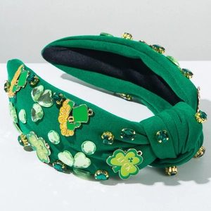 St. Patrick's Day green knotted headband with clover, leprechaun hat and gemstones
