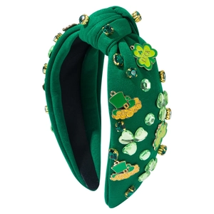 Green St. Patrick's Day headband with clover, rhinestones and LUCK charms
