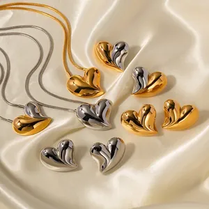 Heart Earrings Necklace 18K Gold Plated Stainless Steel Earring Post Bold Minimalist Trendy Women Tarnish Free