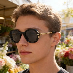 Detail of square polarized sunglasses with gold arrow hinges and engraved metal temples