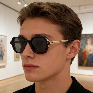 Detail of polarized square sunglasses with textured gold metal temples on a male model