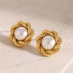 Vintage Artificial Pearl Stud Earrings 18K Gold Plated Stainless Steel Twisted Rope Border Elegant Luxury For Women