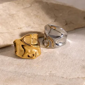 Irregular Molten Hammered Texture Wide Band Open Ring 18K Gold Plated Stainless Steel Adjustable Minimalist Jewelry