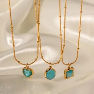 Stainless Steel Gold Plated Blue Cat Eye Stone Pendant Necklace Geometric Heart Square Oval Fashion Jewelry Women Gift