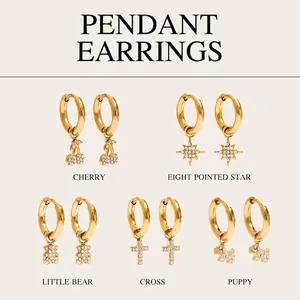 Gold Plated Stainless Steel Hoop Earrings Rhinestone Star Cross Cherry Dog Charms Trendy Hypoallergenic Women Jewelry