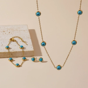 Stainless Steel Jewelry Necklace Bracelet Stud Earrings Gold Plated Round Blue Turquoise Bohemian Vintage Women Accessories