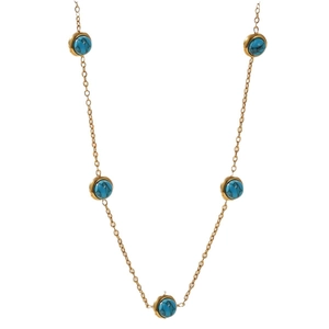 Minimalist gold station necklace featuring five circular blue turquoise stones on a fine chain