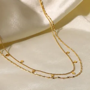 Minimalist Double Layer Necklace 18K Gold Plated Stainless Steel Rhombus Sequin Pendants Ball Chain Jewelry For Women