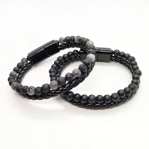 Men's double-layer leather rope bracelet with black lava stone and tiger eye beads