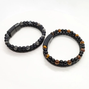 Men's double-layered bracelet with tiger eye beads, volcanic stones and black leather cord