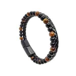 Men's double-layer tiger eye stone beads and braided black leather bracelet with magnetic clasp