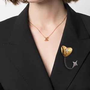 Stainless Steel Heart And Star Double Chain Brooch Pin Two Tone Metal Jewelry For Women Fashion Clothes Accessories