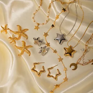 Pentagram Star Necklace And Earring Jewelry Set Stainless Steel Gold Plated Minimalist INS Style Elegant Jewelry For Women