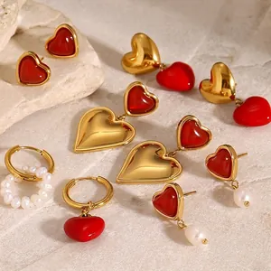 Heart Earrings Stainless Steel Artificial Pearl Red Enamel Hypoallergenic Waterproof Fashion Elegant Jewelry For Women Gift