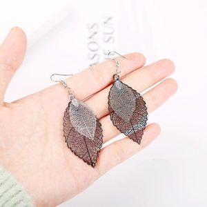 Macro shot of layered leaf earrings featuring intricate hollowed-out texture and silver finish