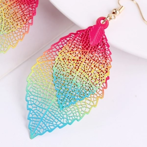Macro detail of leaf-shaped earrings with vibrant rainbow gradient and hollow cutout design