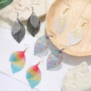 Macro detail of layered mesh leaf earrings in various metallic colors and finishes