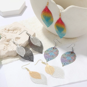 Macro detail of hollow leaf earrings with colorful textures and intricate vein patterns