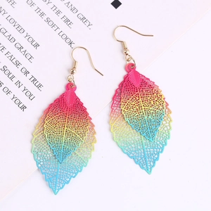 Rainbow gradient triple-layered hollow leaf drop earrings with metallic finish