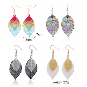 Exaggerated metal leaf drop earrings set in four stylish colors with hook design