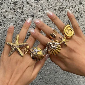 Stainless Steel Ocean Series Starfish Shell Octopus Adjustable Ring Artificial Pearl Rhinestone Finger Ring For Women Jewelry