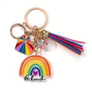 Rainbow heart tassel keychain with be kind acrylic tag and sparkling sequin ball